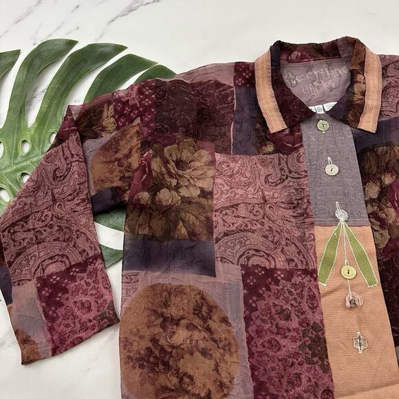 Everything Works Donna Jessica Blouse Top Size 1 S Purple Mixed Floral Patchwork - Picture 4 of 11